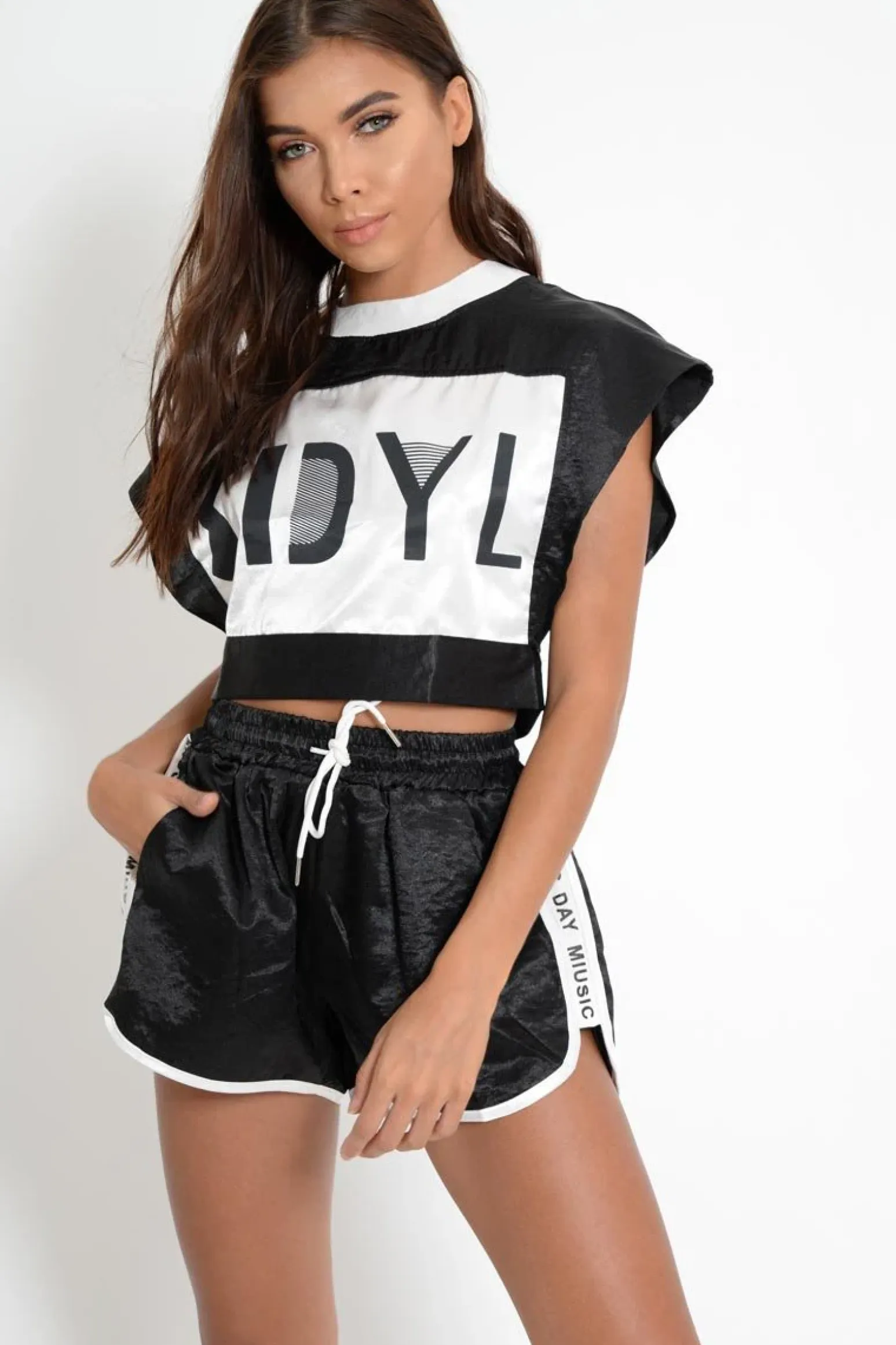 Rebellious Fashion Black Stripe Shiny Crop Top And Shorts - Kahri