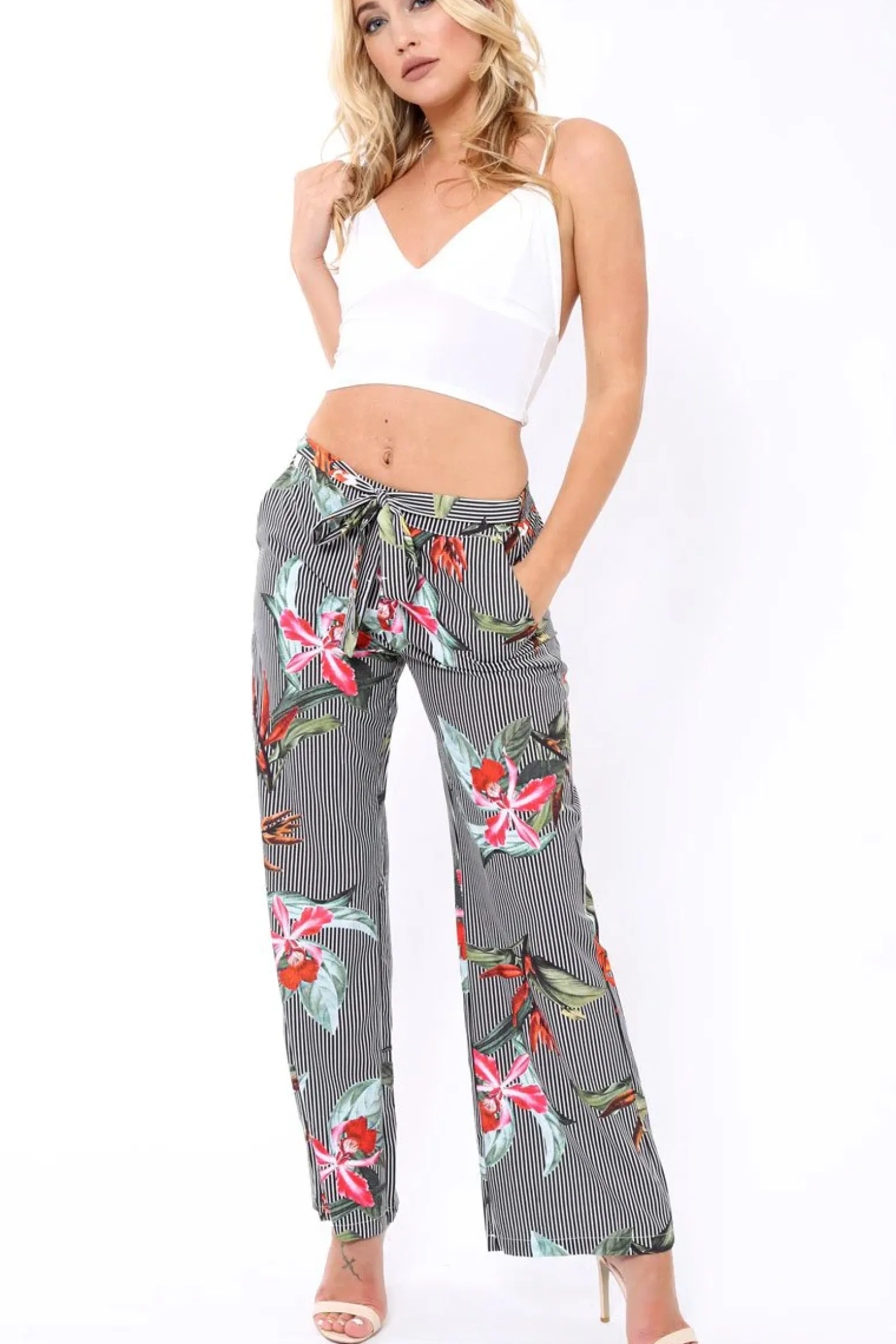 Rebellious Fashion Black Stripe trousers with floral print - Venice