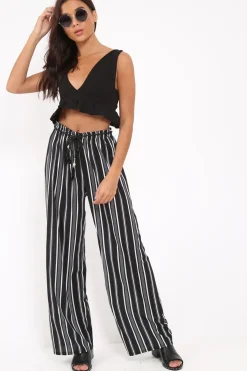 Rebellious Fashion Black Stripe Wide Leg Beaded Tie Trousers - Haylie