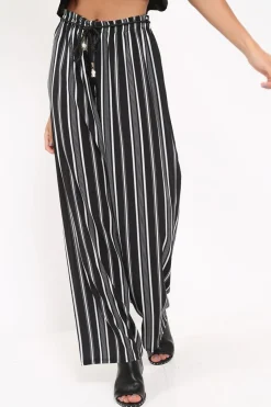 Rebellious Fashion Black Stripe Wide Leg Beaded Tie Trousers - Haylie