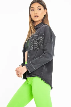 Rebellious Fashion Black Studded Fringe Detail Distressed Denim Jacket - Carli