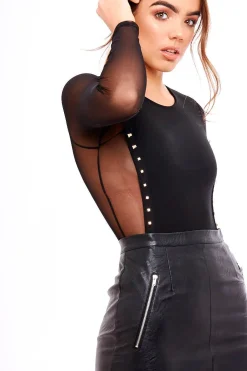 Rebellious Fashion Black Studded Mesh Insert Bodysuit - Natalya
