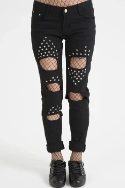 Rebellious Fashion Black Studded Ripped Jeans - Christina