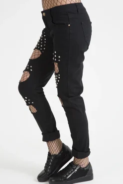 Rebellious Fashion Black Studded Ripped Jeans - Christina