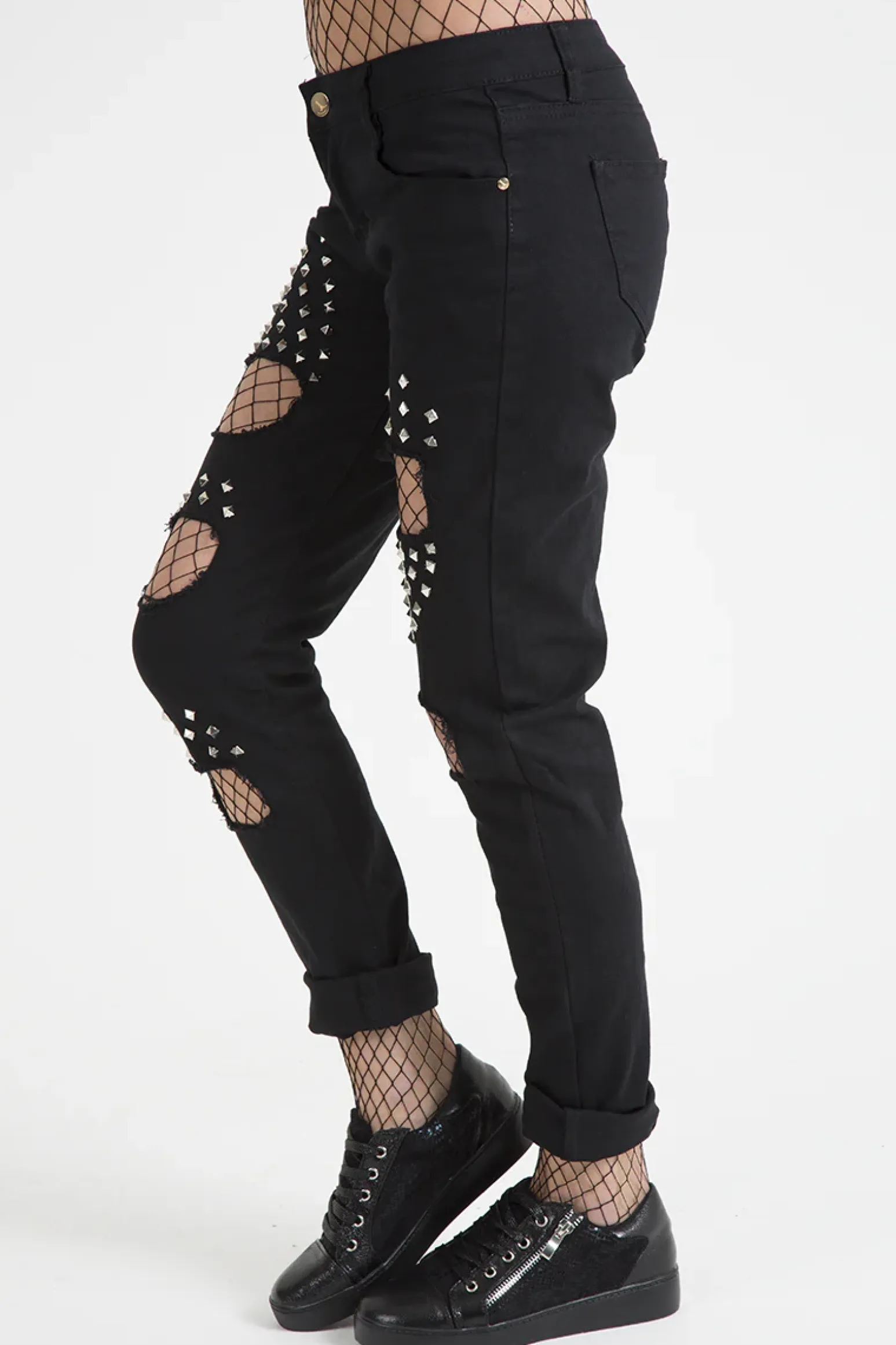Rebellious Fashion Black Studded Ripped Jeans - Christina