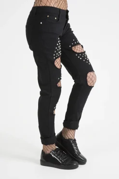 Rebellious Fashion Black Studded Ripped Jeans - Christina