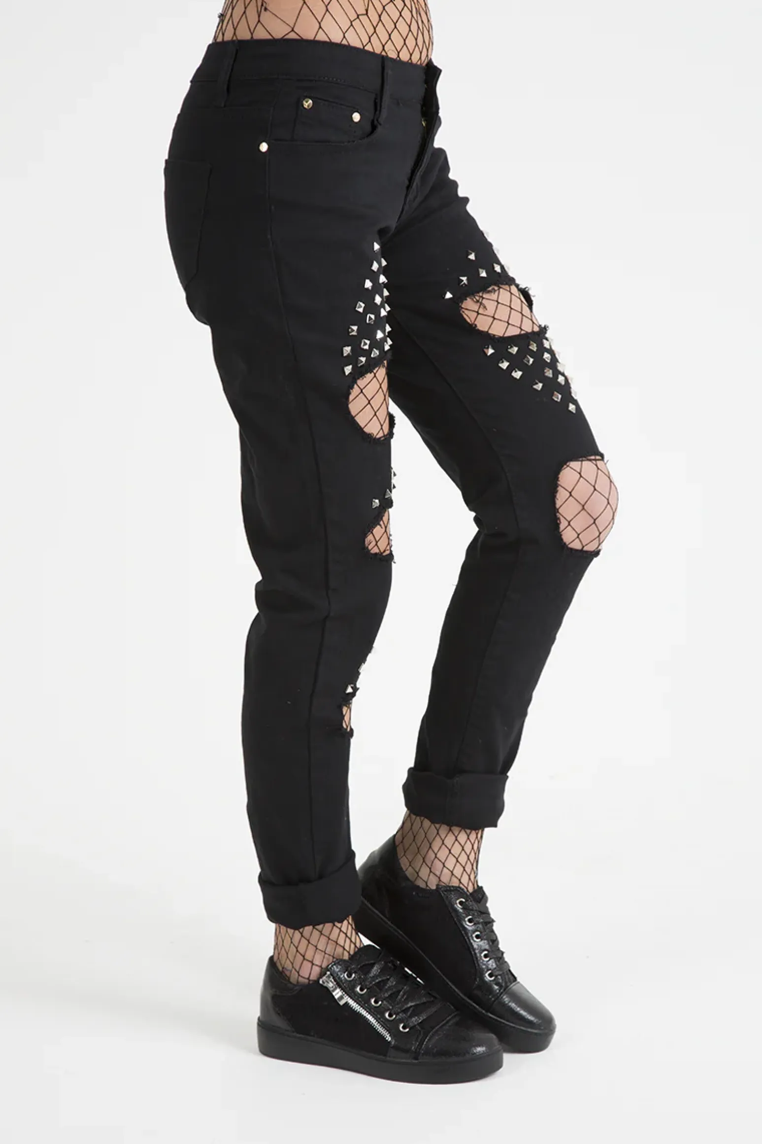 Rebellious Fashion Black Studded Ripped Jeans - Christina