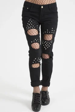 Rebellious Fashion Black Studded Ripped Jeans - Christina