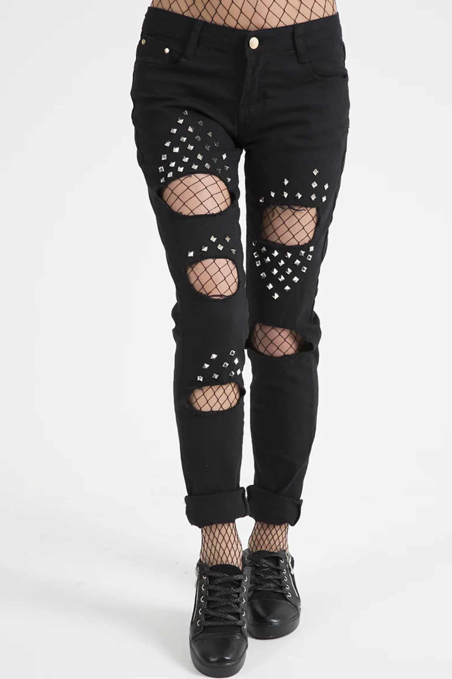 Rebellious Fashion Black Studded Ripped Jeans - Christina