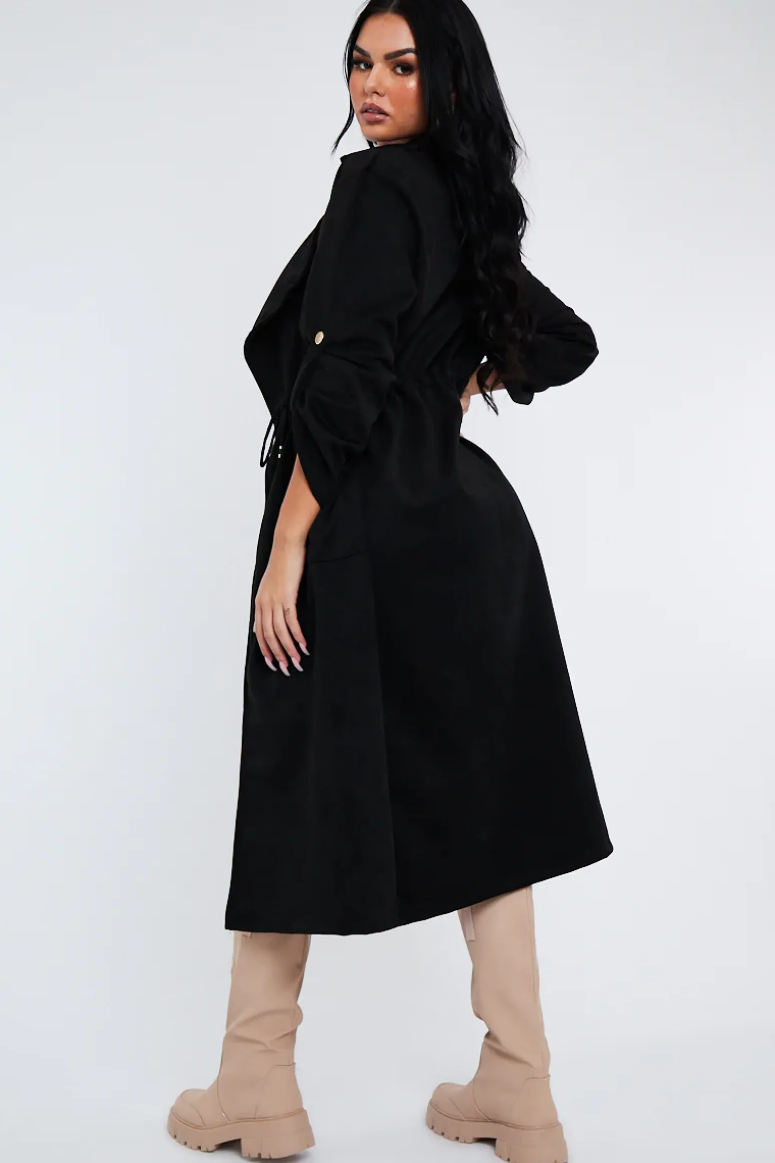 Rebellious Fashion Black Suede Relaxed Tie Waist Trench Coat - Rora