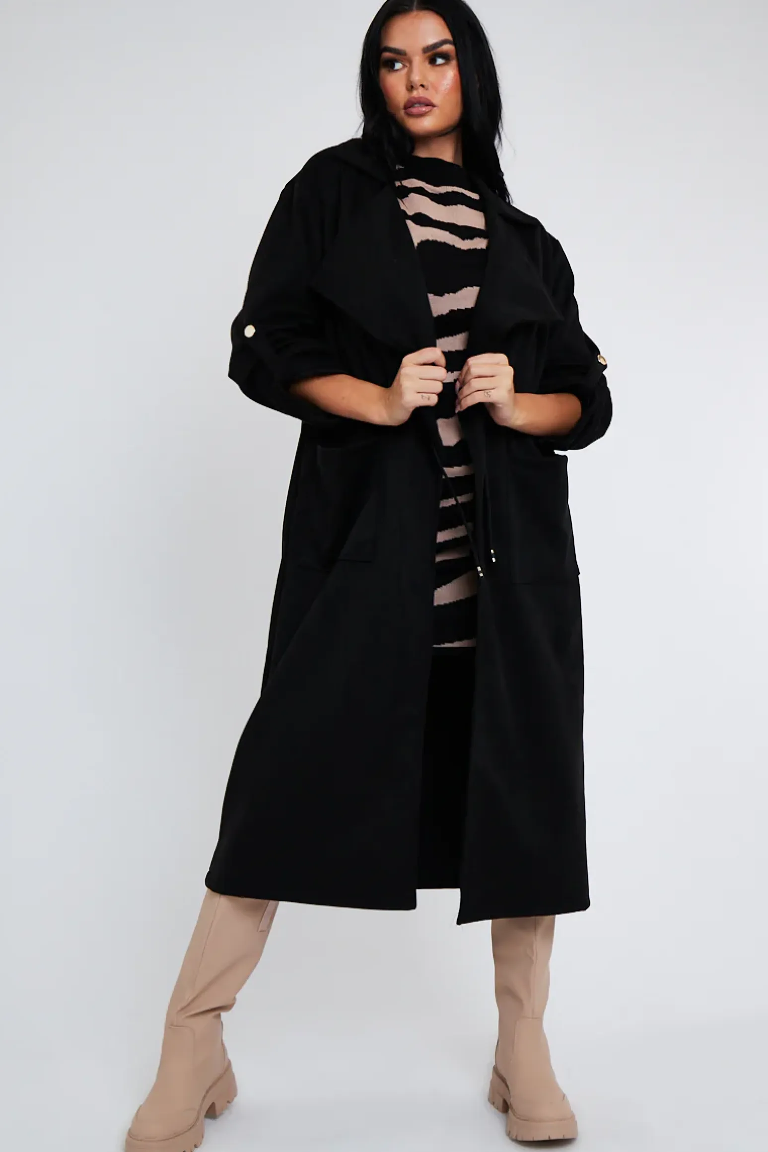 Rebellious Fashion Black Suede Relaxed Tie Waist Trench Coat - Rora