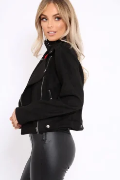 Rebellious Fashion Black Suedette Biker Jacket - Rachel