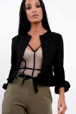 Rebellious Fashion Black Suedette Frill Hems Jacket - Elsa