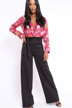 Rebellious Fashion Black Suedette Paper Bag Tie Waist Wide Leg Trousers - Kennedy