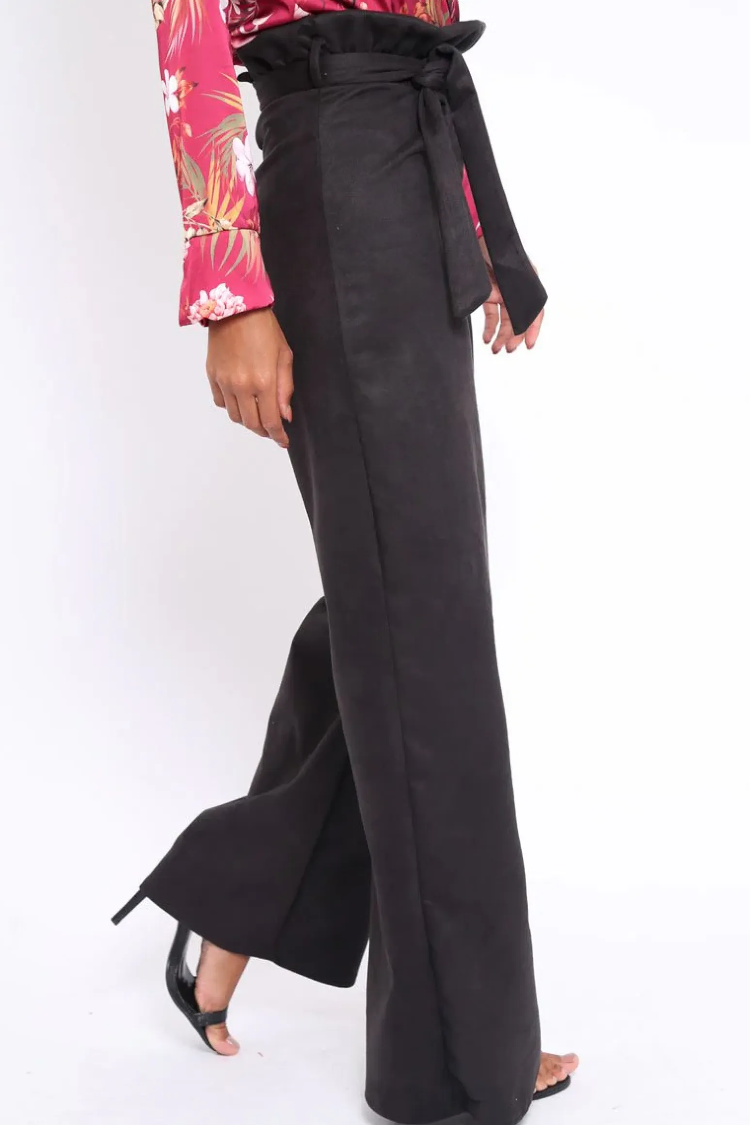 Rebellious Fashion Black Suedette Paper Bag Tie Waist Wide Leg Trousers - Kennedy