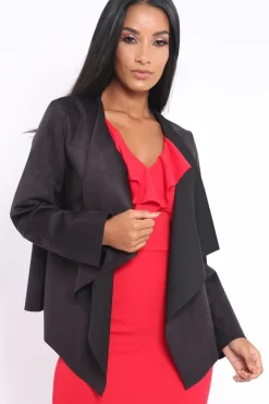 Rebellious Fashion Black Suedette Waterfall Jacket - Kallie