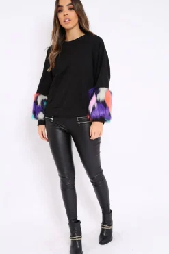 Rebellious Fashion Black Sweatshirt with Multicolour Fur Sleeves - Loise