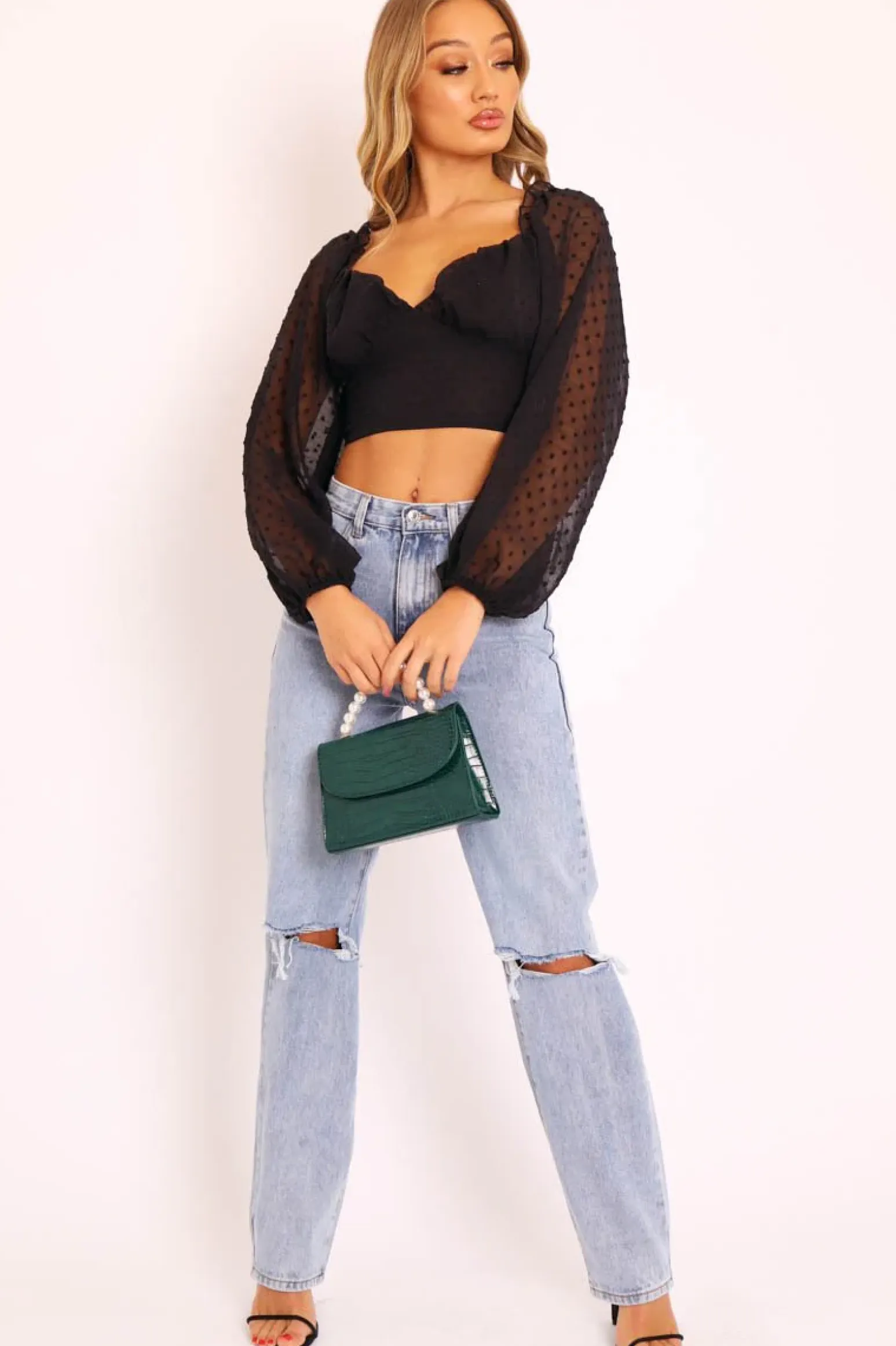 Rebellious Fashion Black Swiss Dot Frill Trim Crop Top - Mena