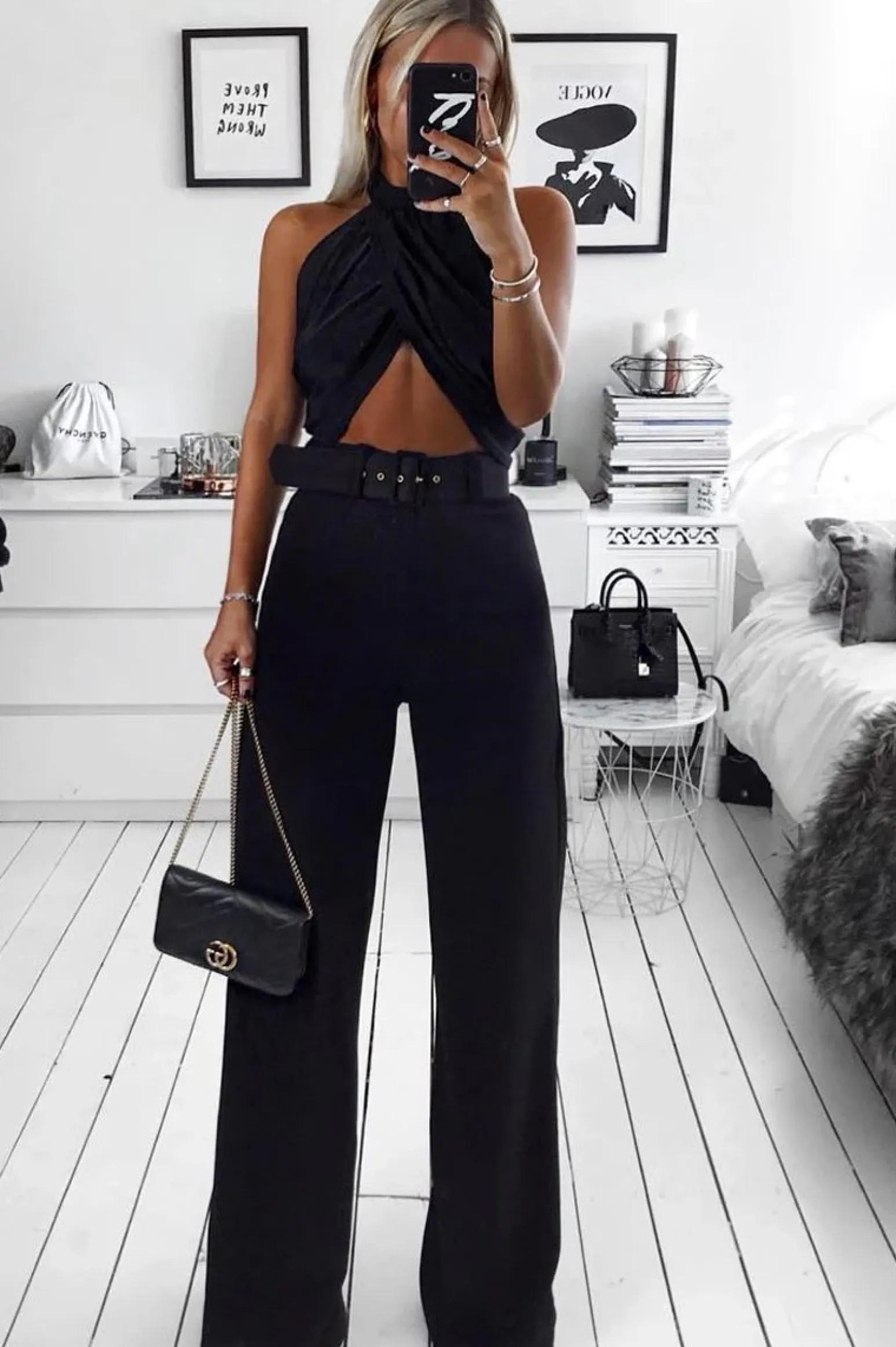 Rebellious Fashion Black Tailored Wide Leg Belted Trousers - Chenelle