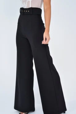 Rebellious Fashion Black Tailored Wide Leg Belted Trousers - Chenelle