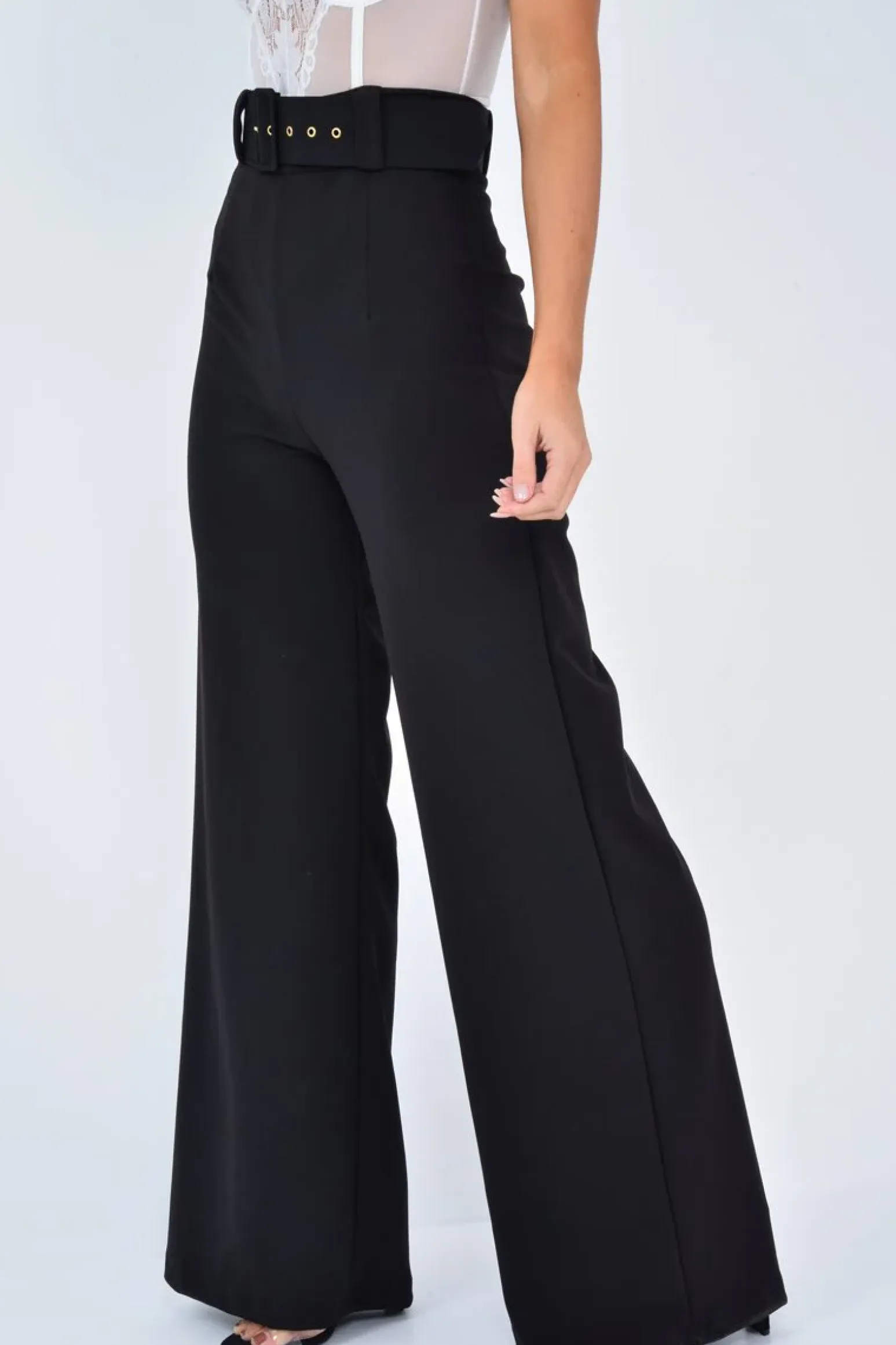 Rebellious Fashion Black Tailored Wide Leg Belted Trousers - Chenelle