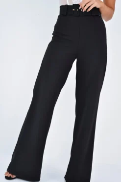 Rebellious Fashion Black Tailored Wide Leg Belted Trousers - Chenelle