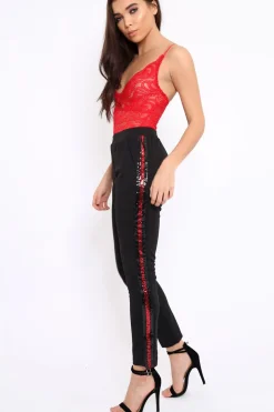 Rebellious Fashion Black Tapered Trousers with Red and Black Sequin Side Stripes - Halli