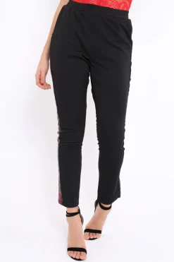 Rebellious Fashion Black Tapered Trousers with Red and Black Sequin Side Stripes - Halli