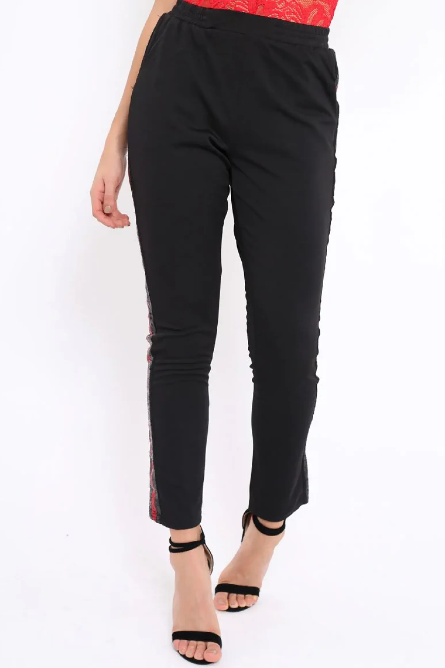 Rebellious Fashion Black Tapered Trousers with Red and Black Sequin Side Stripes - Halli