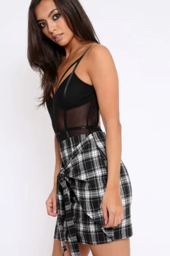 Rebellious Fashion Black Tartan Tie Front Mini Skirt - Tyne