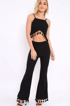 Rebellious Fashion Black Tassel Hem Co-ord Set - Kaylyn