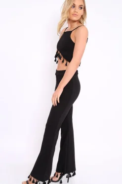 Rebellious Fashion Black Tassel Hem Co-ord Set - Kaylyn