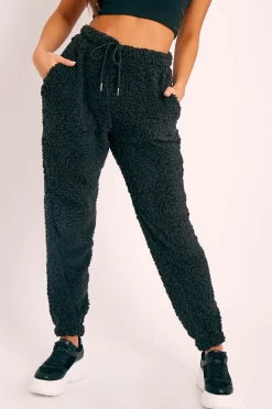 Rebellious Fashion Black Teddy Borg Joggers - Allyssa