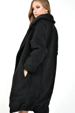 Rebellious Fashion Black Teddy Long Double Breasted Coat - Miriam