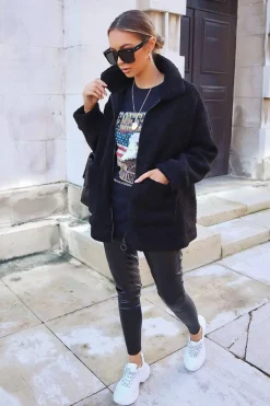Rebellious Fashion Black Teddy Zip Jacket - Rien