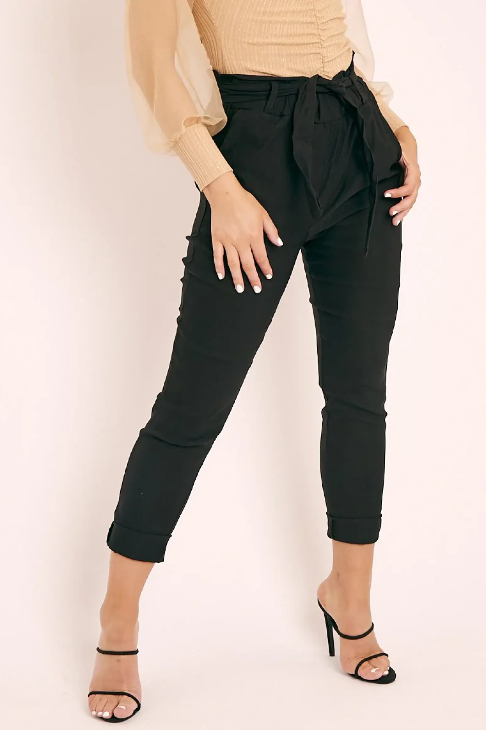 Rebellious Fashion Black Tie Belt Paperbag Waist Trousers - Jaylea