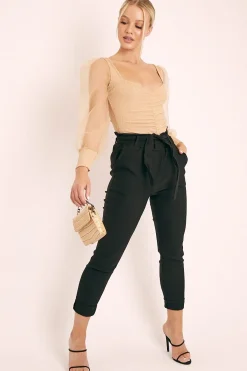 Rebellious Fashion Black Tie Belt Paperbag Waist Trousers - Jaylea