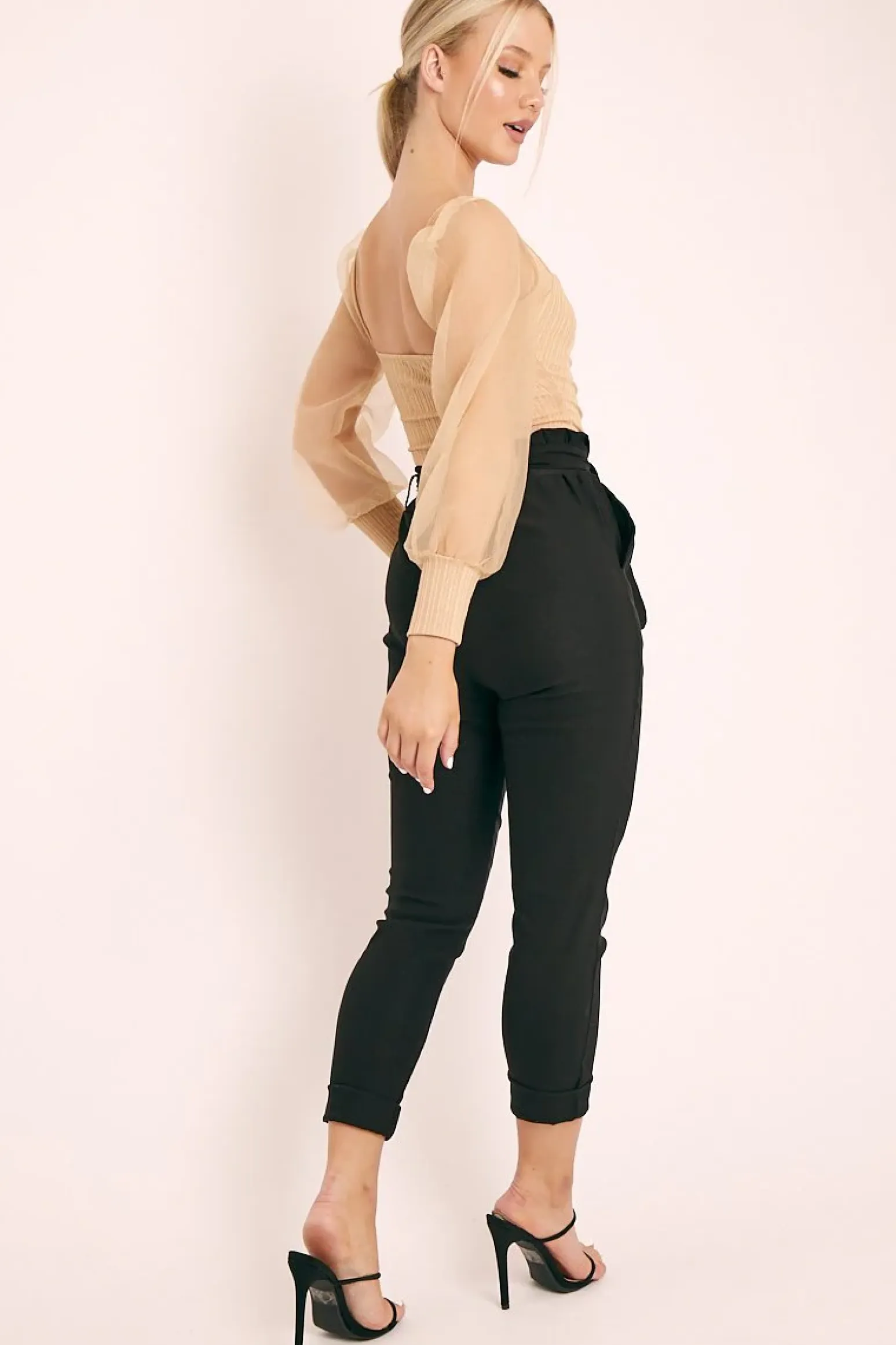 Rebellious Fashion Black Tie Belt Paperbag Waist Trousers - Jaylea