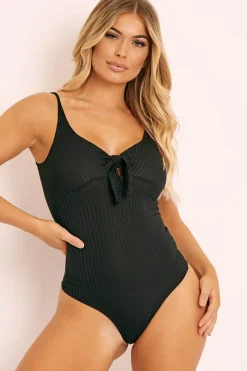 Rebellious Fashion Black Tie Bow Ribbed Bodysuit - Maddix