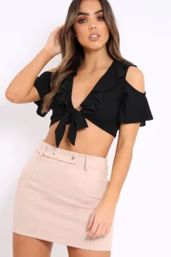 Rebellious Fashion Black Tie Front Cold Shoulder Crop Top - Ellinor