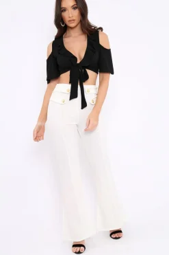 Rebellious Fashion Black Tie Front Cold Shoulder Crepe Crop Top - Dalia