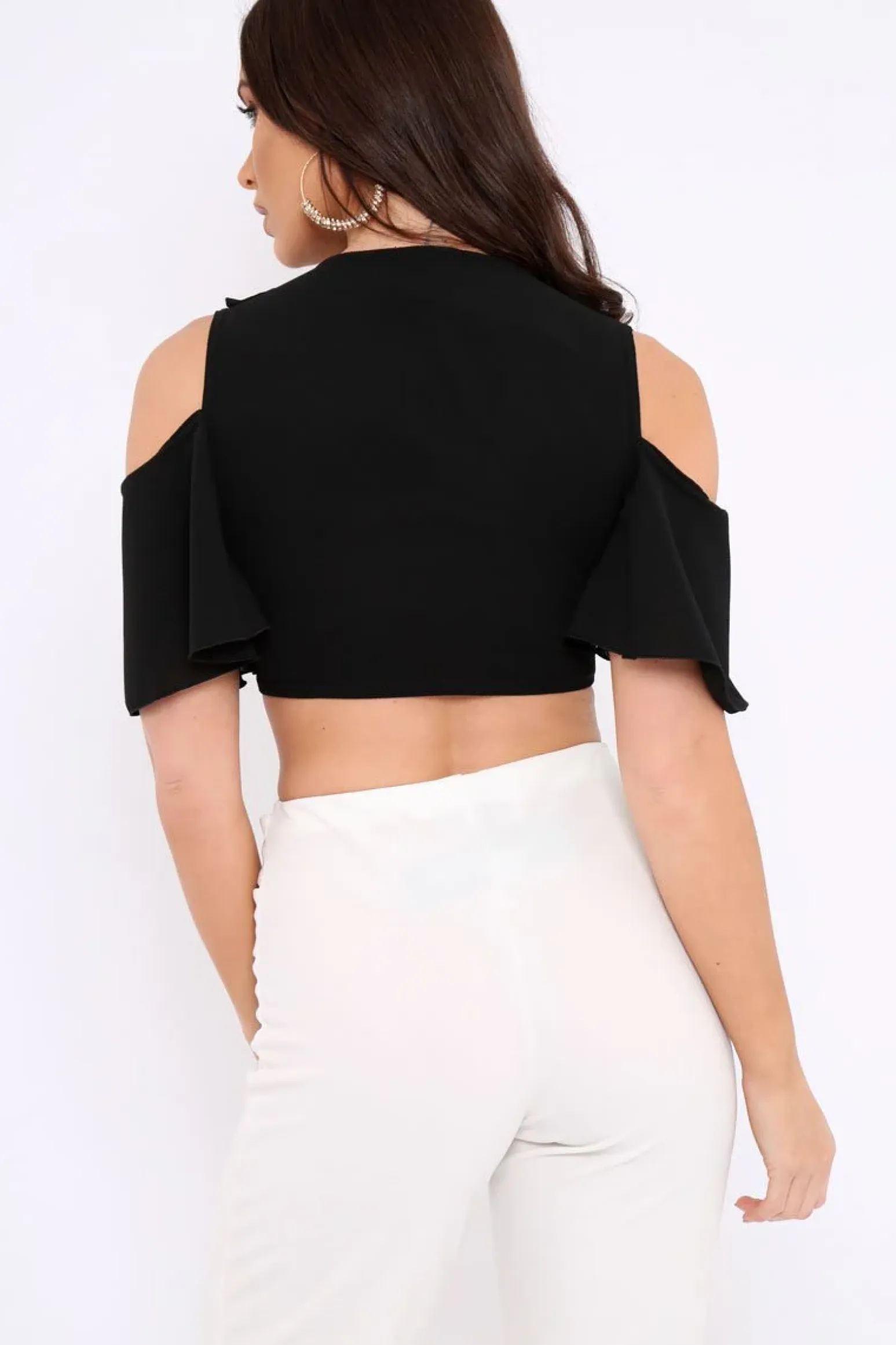 Rebellious Fashion Black Tie Front Cold Shoulder Crepe Crop Top - Dalia