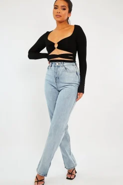 Rebellious Fashion Black Tie Wrap Front Ring Detail Crop Top - Taylor