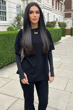 Rebellious Fashion Black Towelling T- Shirt & Flare Trouser Set - Tania