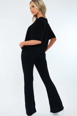 Rebellious Fashion Black Towelling T- Shirt & Flare Trouser Set - Tania