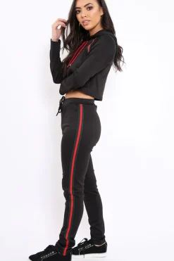 Rebellious Fashion Black Tracksuit with Khaki and Red Side Stripe - Beatrix