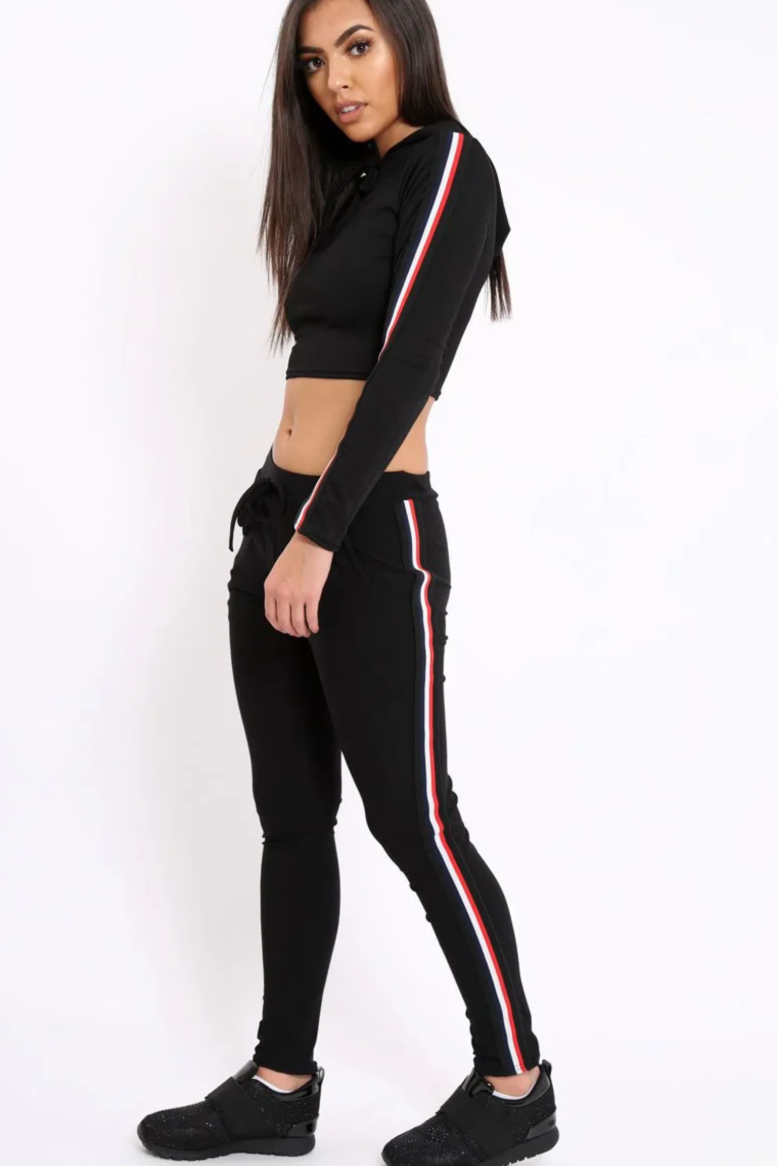 Rebellious Fashion Black Tracksuit with Red White and Black Side Stripe - Kasey