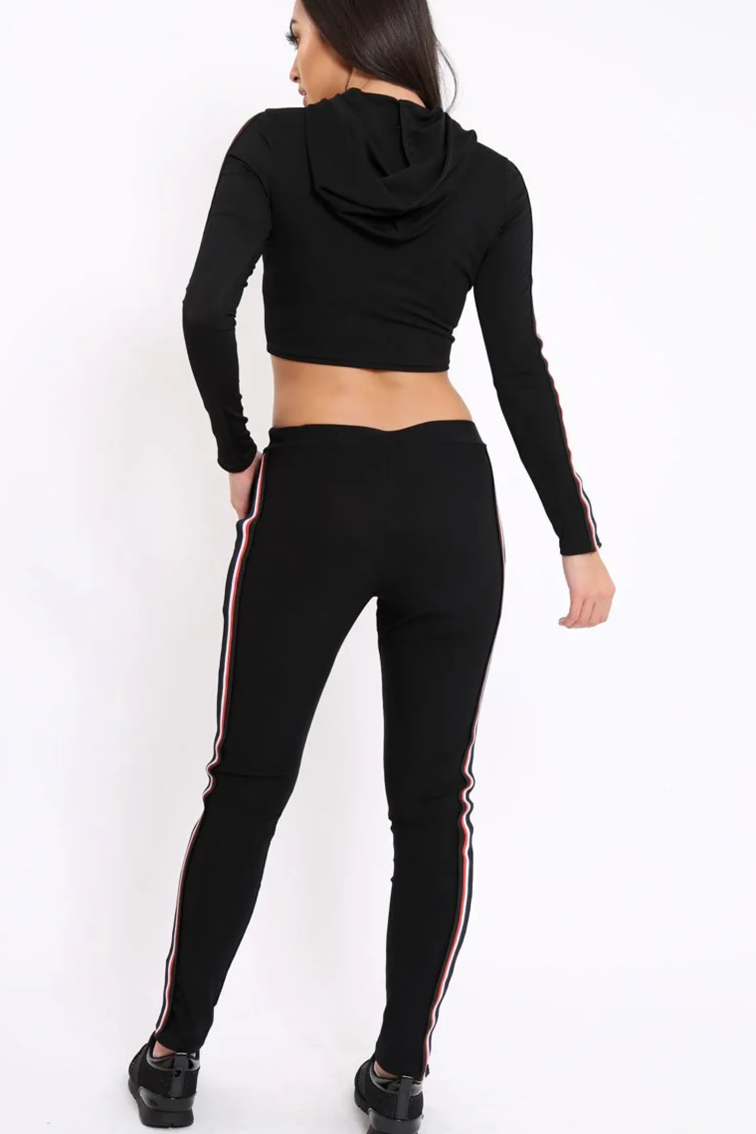 Rebellious Fashion Black Tracksuit with Red White and Black Side Stripe - Kasey