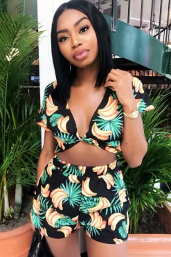 Rebellious Fashion Black Tropical Print Crop Top and Shorts Co-ord - Olivia