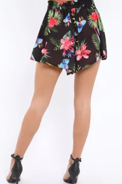 Rebellious Fashion Black Tropical Print Tie Waist Shorts - Tabby